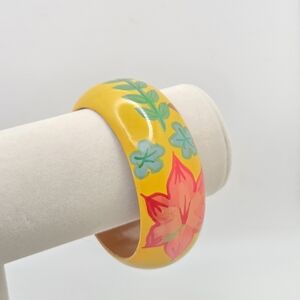 Vintage Hand Painted Wood Bangle Bracelet - Yellow Tropical Floral Boho